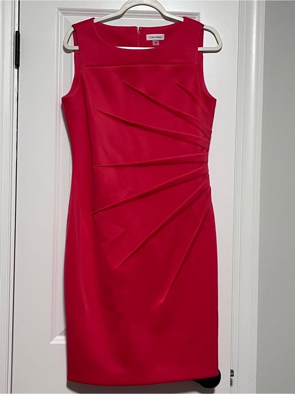 Calvin Klein Bright Red Sheath Dress with Pleated Radial Detail